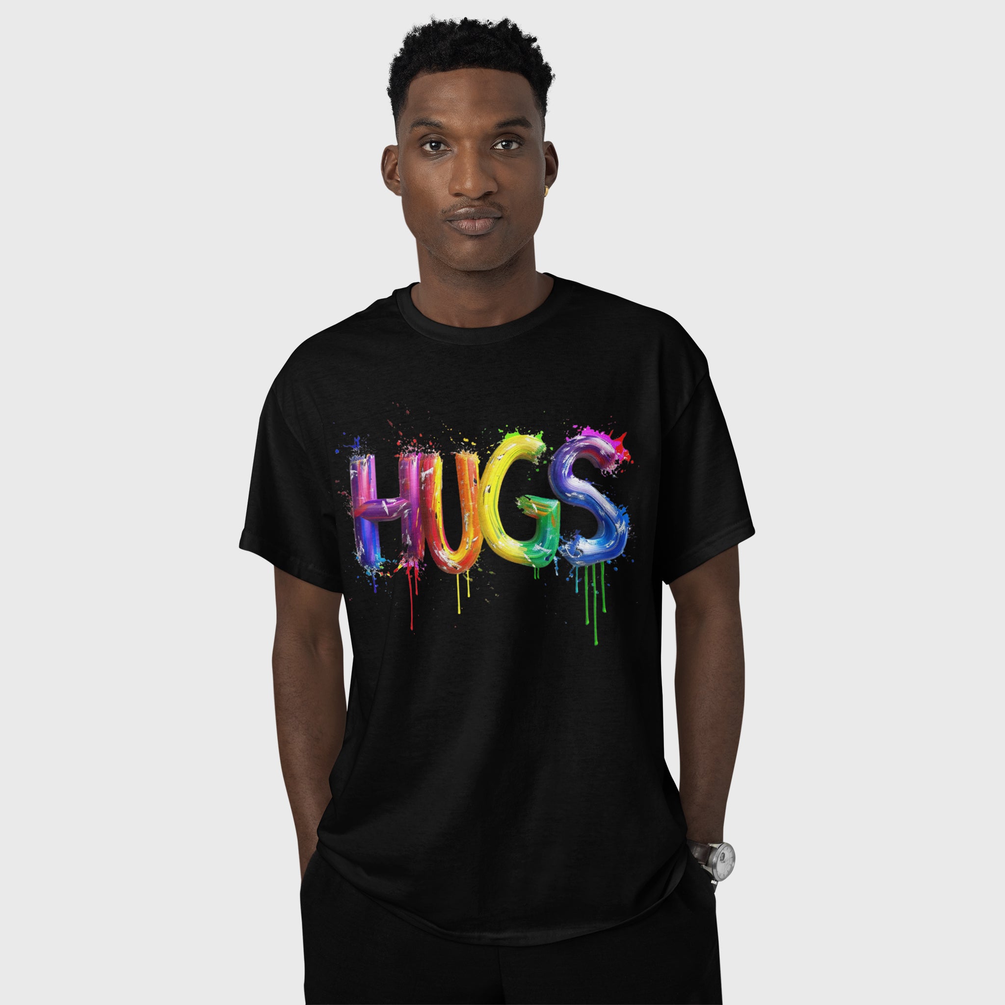 Hugs Rainbow Printed Black T-shirt